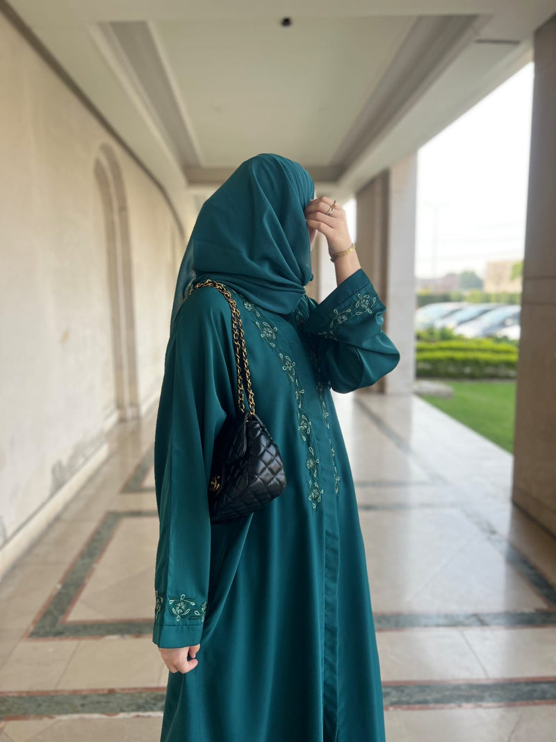 The Chic Forest Green Abaya with Statement Embroidery