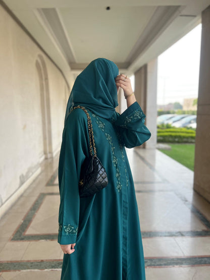 The Chic Forest Green Abaya with Statement Embroidery