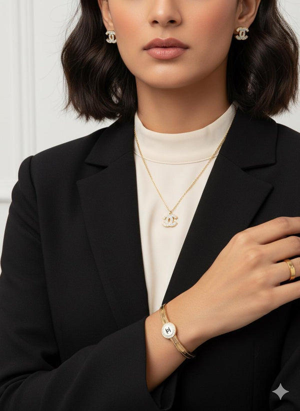 Complete Gold-Plated Double C Logo Jewelry Set