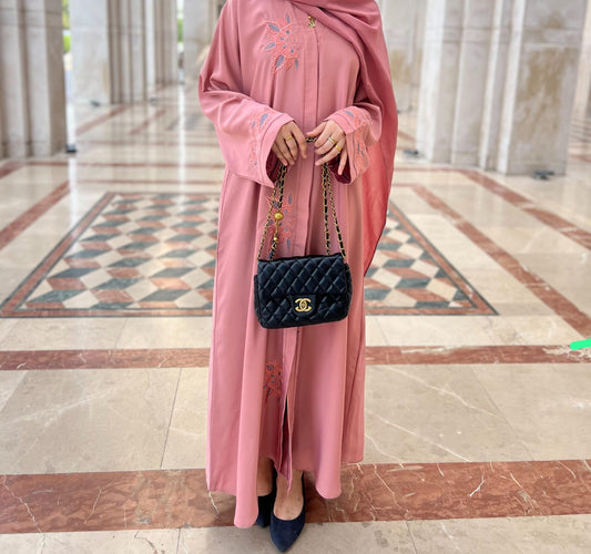 Blush Pink Abaya with Moroccan-Inspired Embroidery