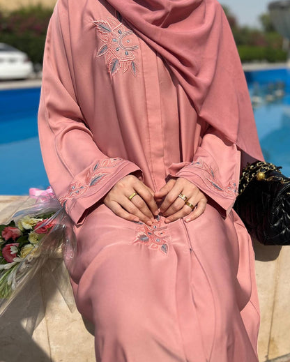 Blush Pink Abaya with Moroccan-Inspired Embroidery